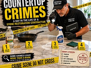 Infographic about countertop crimes; a contractor examines a crime scene with numbered steps and an offenses list.